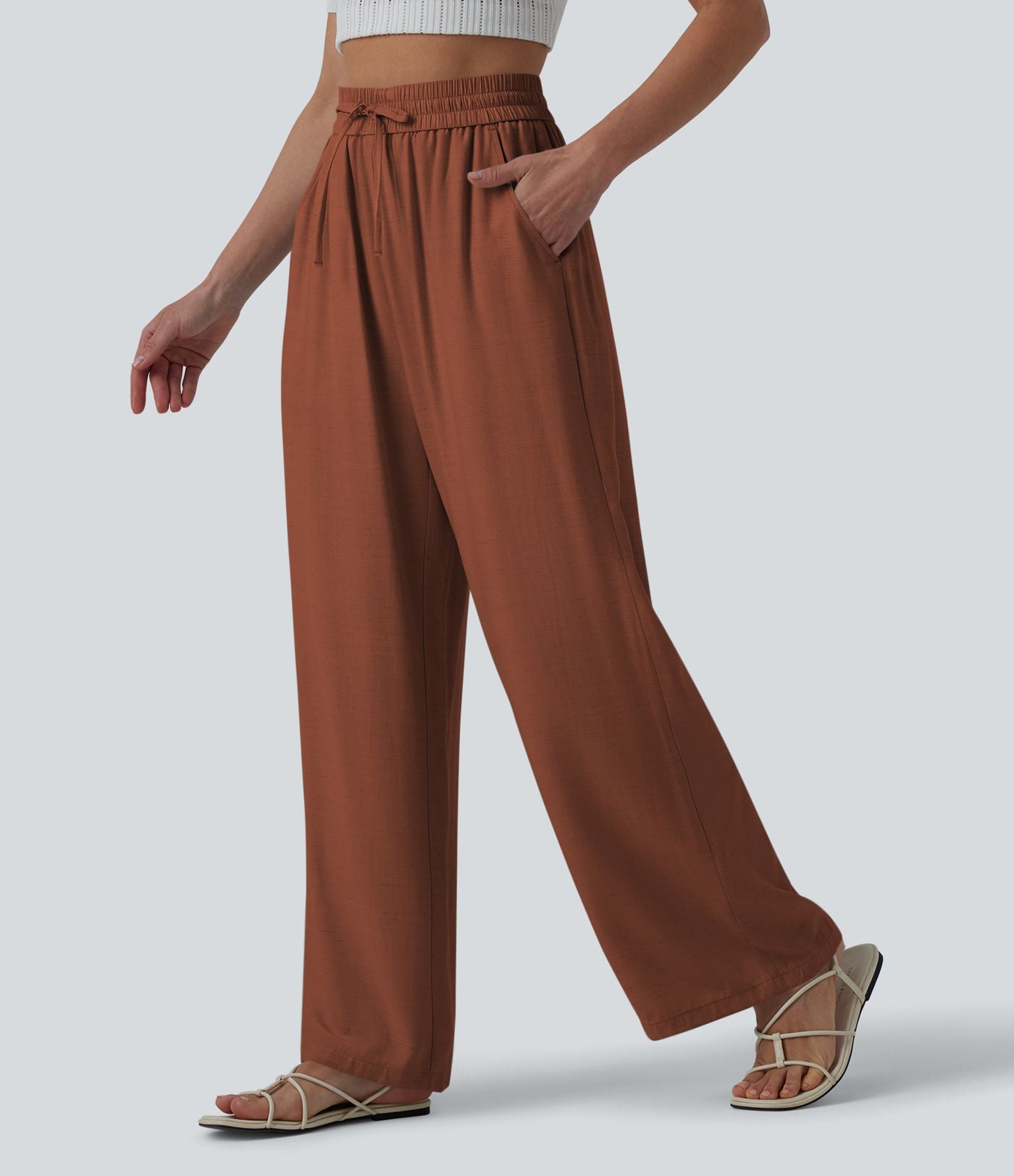Pantalon casual large fluide mélange lin taille haute avec cordon de serrage et poches
