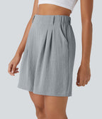 Bermuda Large Fluide Taille Haute avec Plis et Poches Latérales en Lin Synthétique