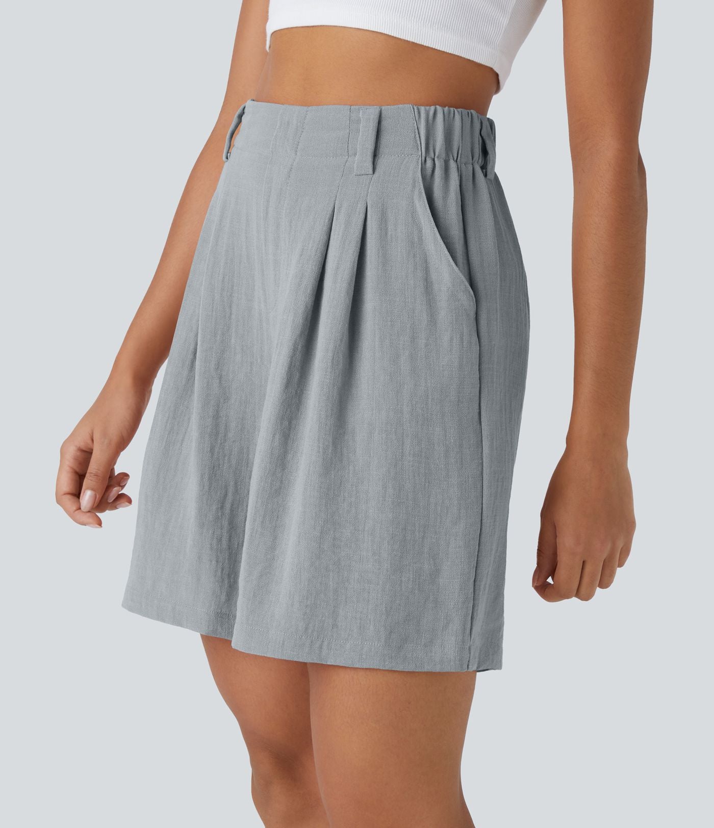 Bermuda Large Fluide Taille Haute avec Plis et Poches Latérales en Lin Synthétique