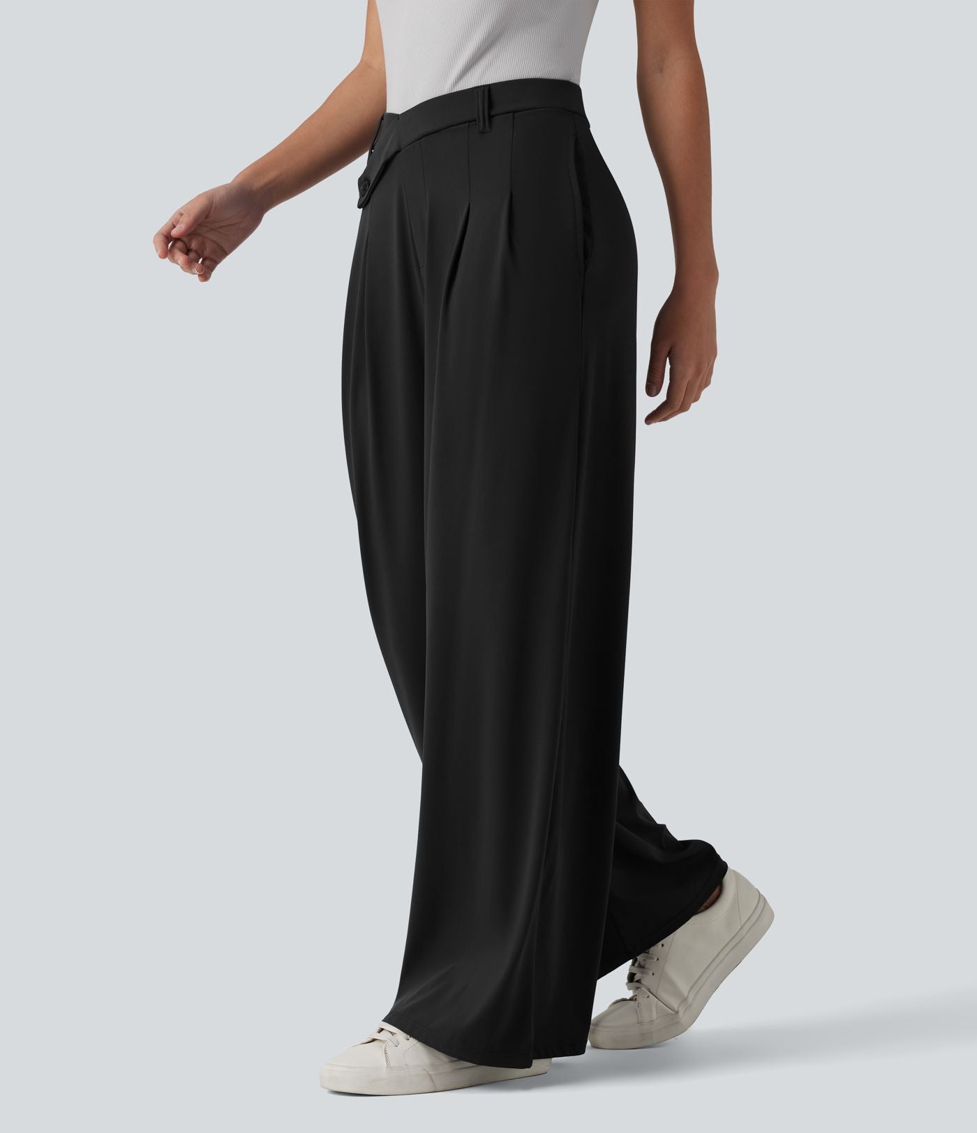 Pantalon tailleur évasé asymétrique taille mi-haute avec poches