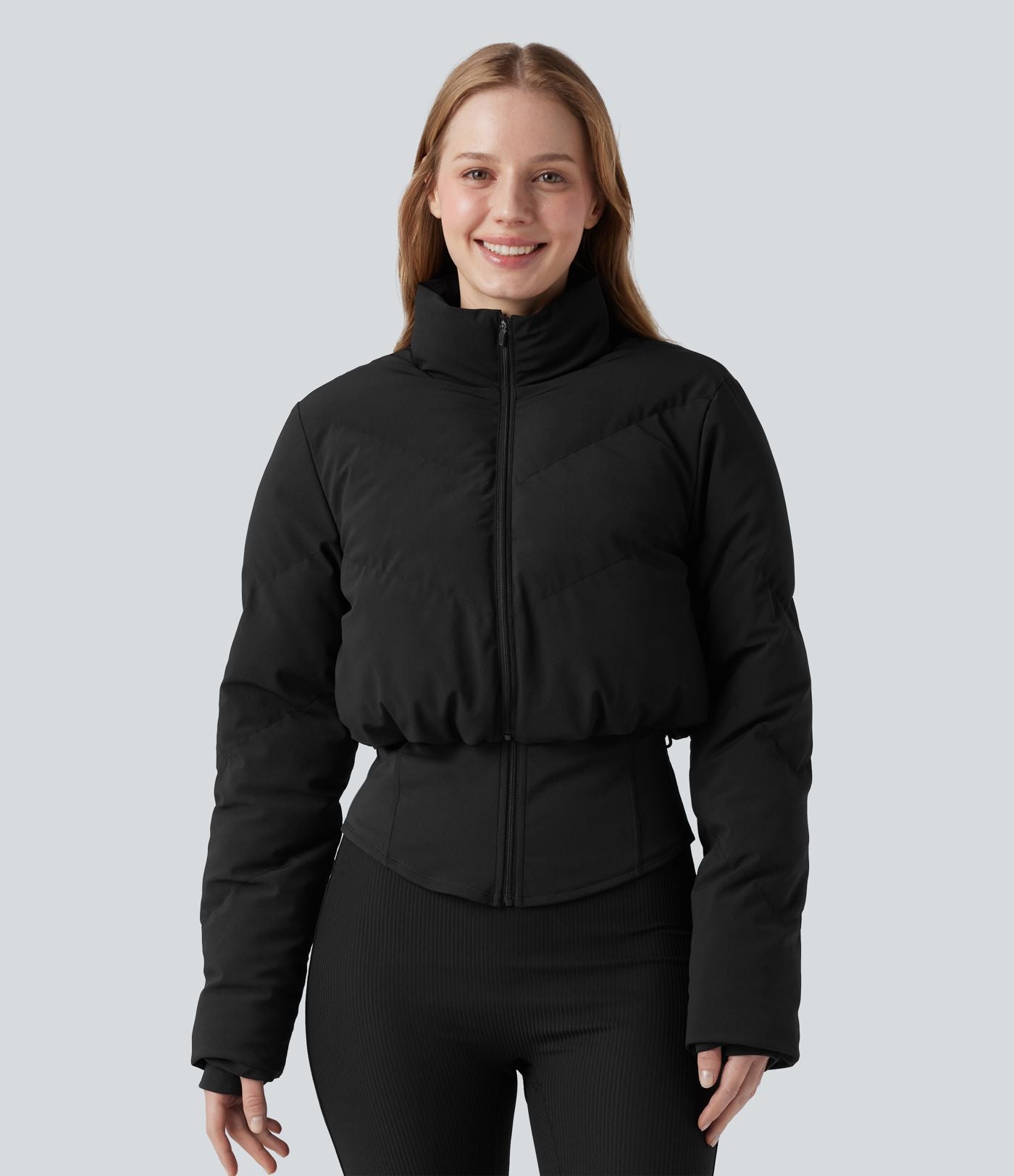 PuffFlex Manteau doudoune 3-en-1 court casual à col montant et veste à ourlet arrondi avec passants pouces et poche