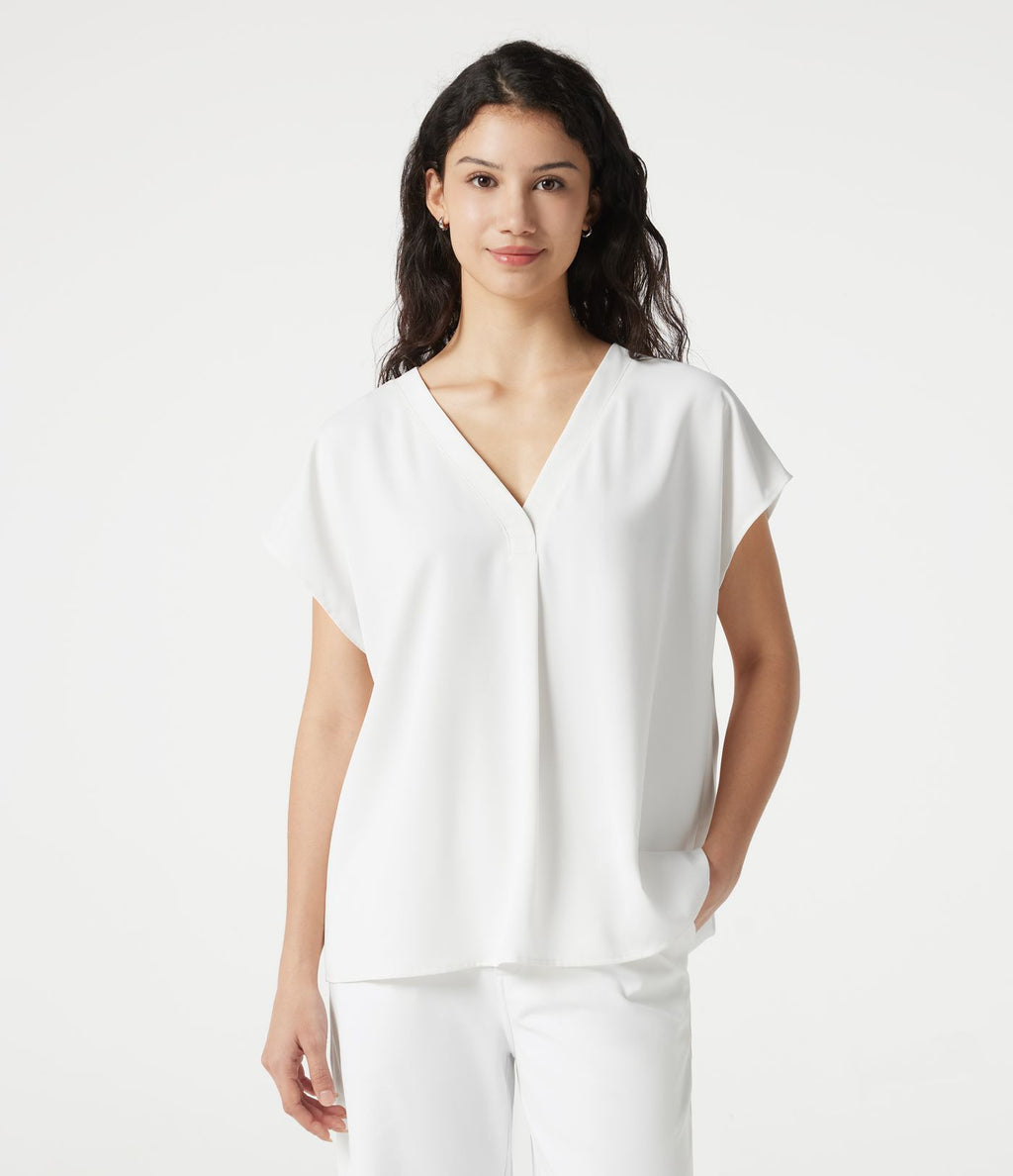 Blouse esprit bureau oversize défroissage facile, col V et manches courtes