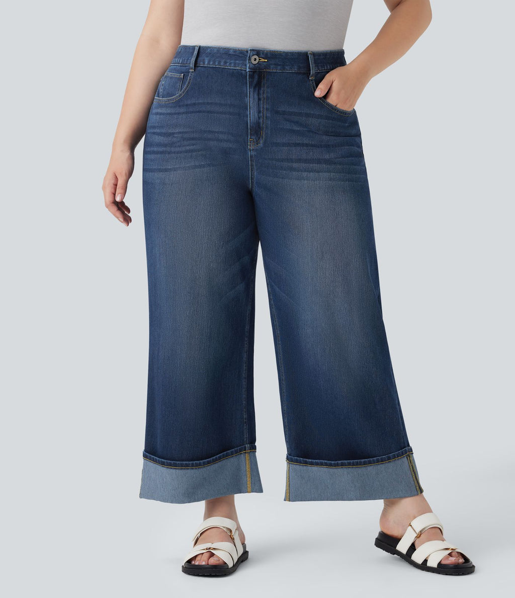 Jean casual grande taille Halara Flex™ tricot extensible délavé taille haute jambe large ourlet roulotté avec poches