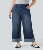 Jean casual grande taille Halara Flex™ tricot extensible délavé taille haute jambe large ourlet roulotté avec poches