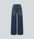 Halara Flex™ Jean large asymétrique taille basse avec bouton, fermeture éclair et poches multiples, délavé et extensible en maille