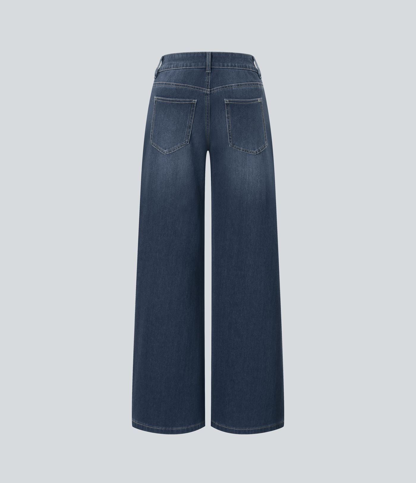 Halara Flex™ Jean large asymétrique taille basse avec bouton, fermeture éclair et poches multiples, délavé et extensible en maille