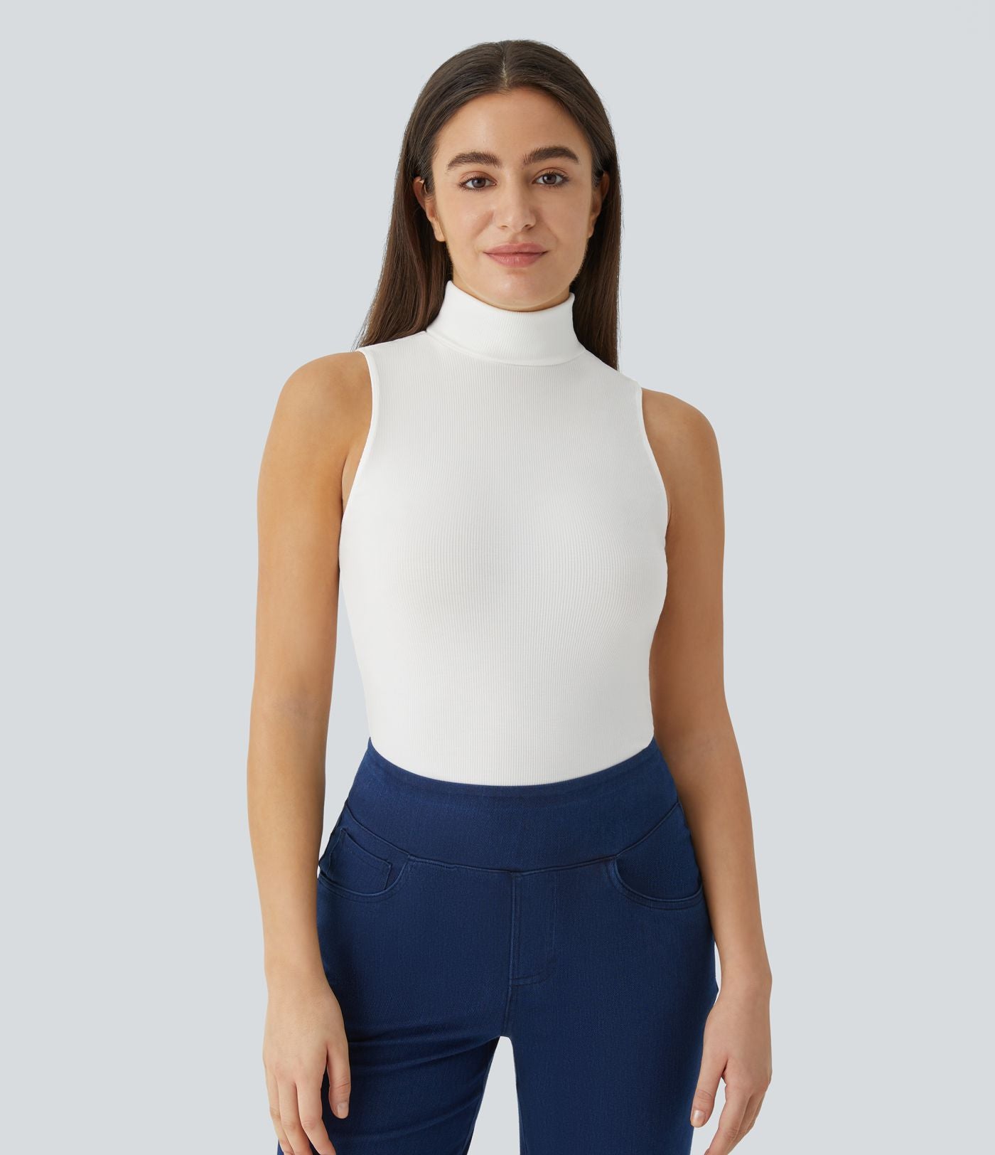 T-shirt Casual sans Manches en Tricot Côtelé à Col Haut