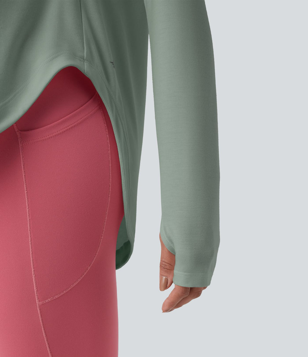 Top de sport yoga une épaule séchage rapide ourlet arrondi asymétrique manches longues avec trous pouces - Brassière intégrée