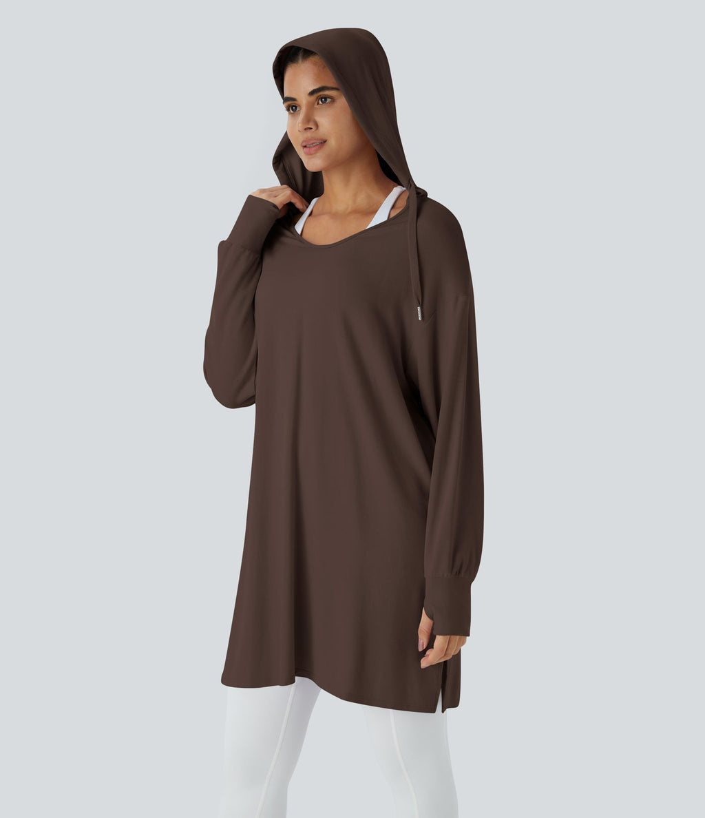 Sweatshirt Casual à Capuche Encolure en V Cordon de Serrage Trou pour le Pouce Fente et Coupe Longue