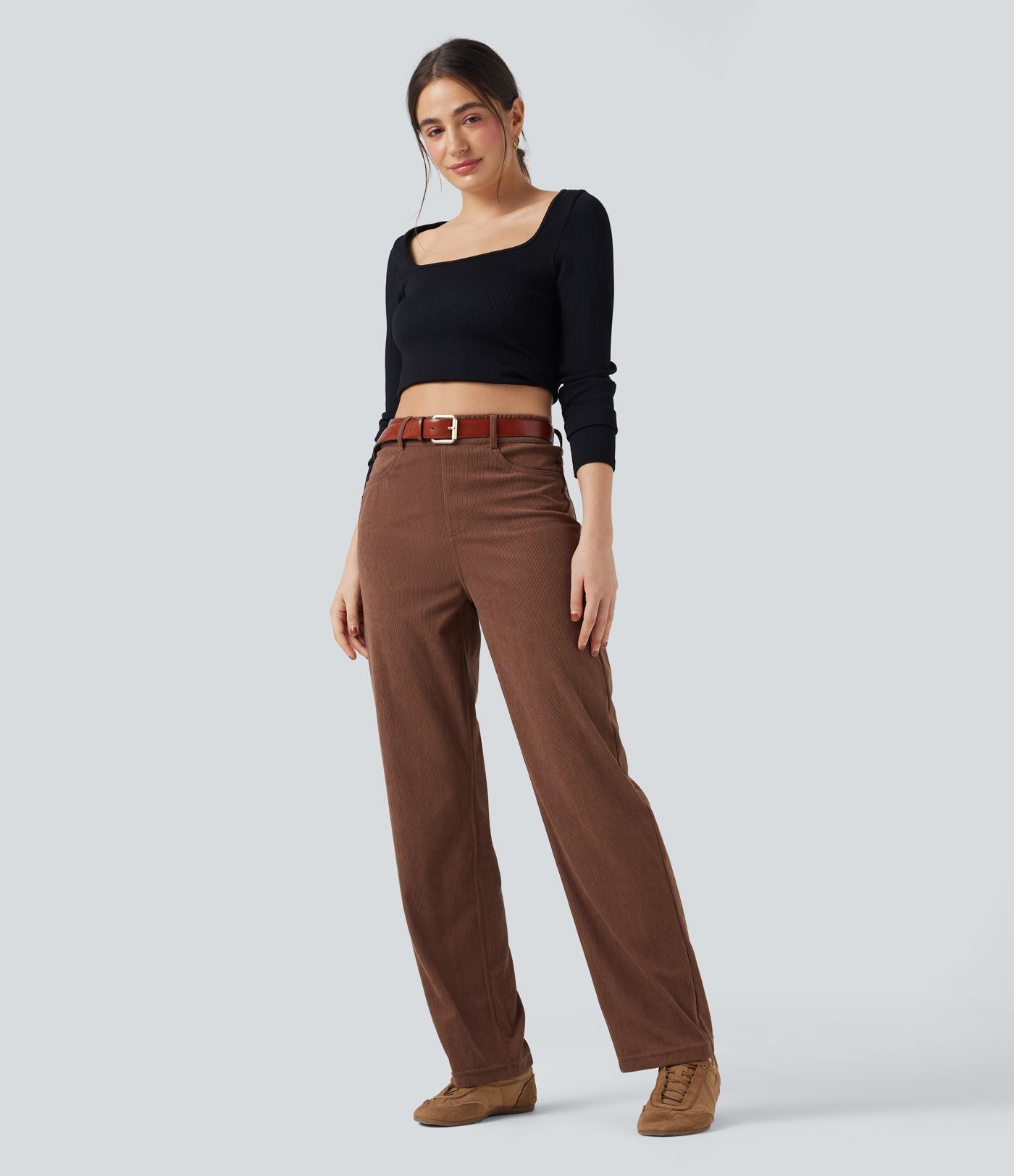 Pantalon décontracté droit en velours côtelé, taille haute, gainant, avec poches