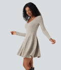Robe décontractée mini évasée maille côtelée col V manches longues
