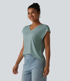 T-shirt décontracté col V manches courtes boutons décoratifs