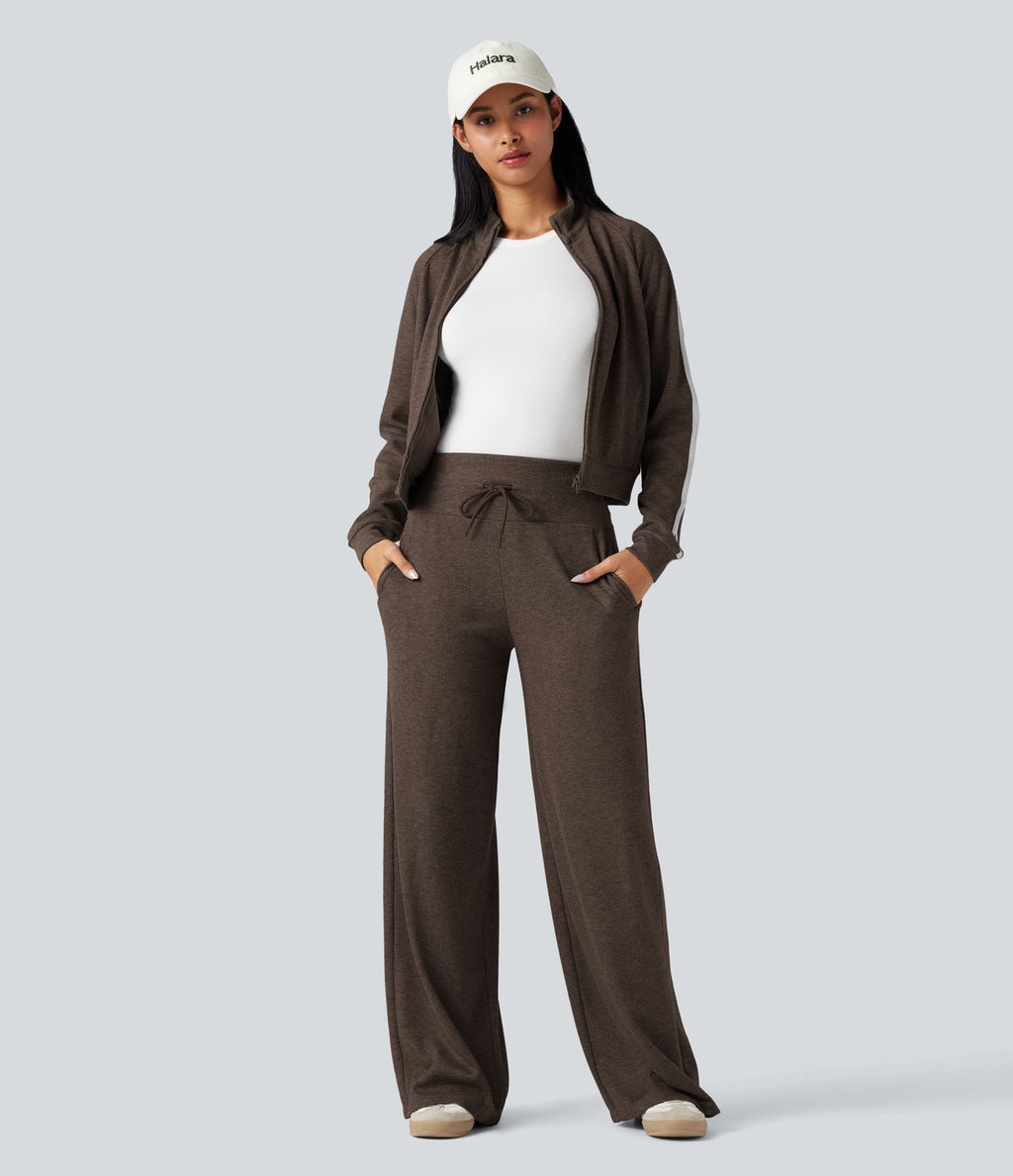 Pantalon jogging large décontracté côtelé gainant taille haute avec cordon de serrage et poches
