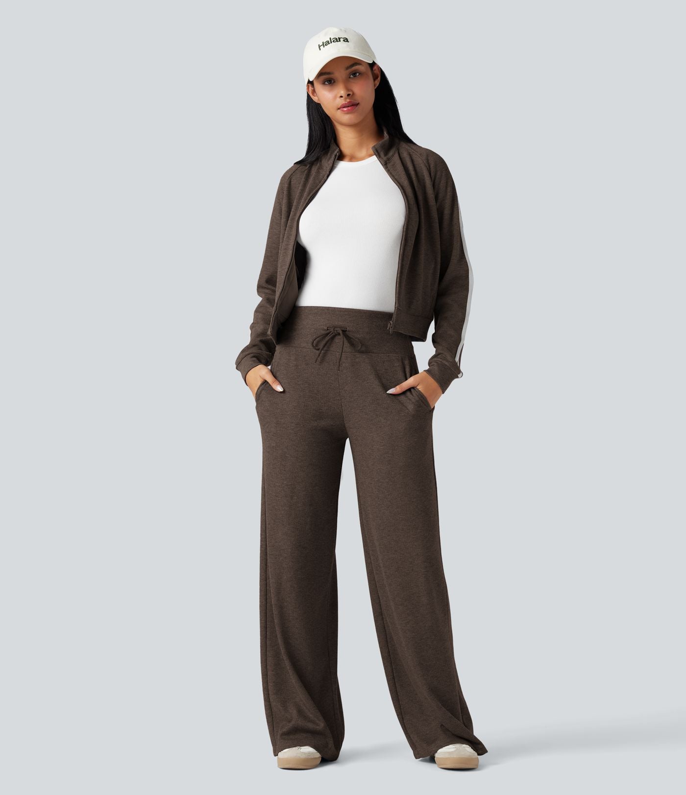 Pantalon jogging large décontracté côtelé gainant taille haute avec cordon de serrage et poches