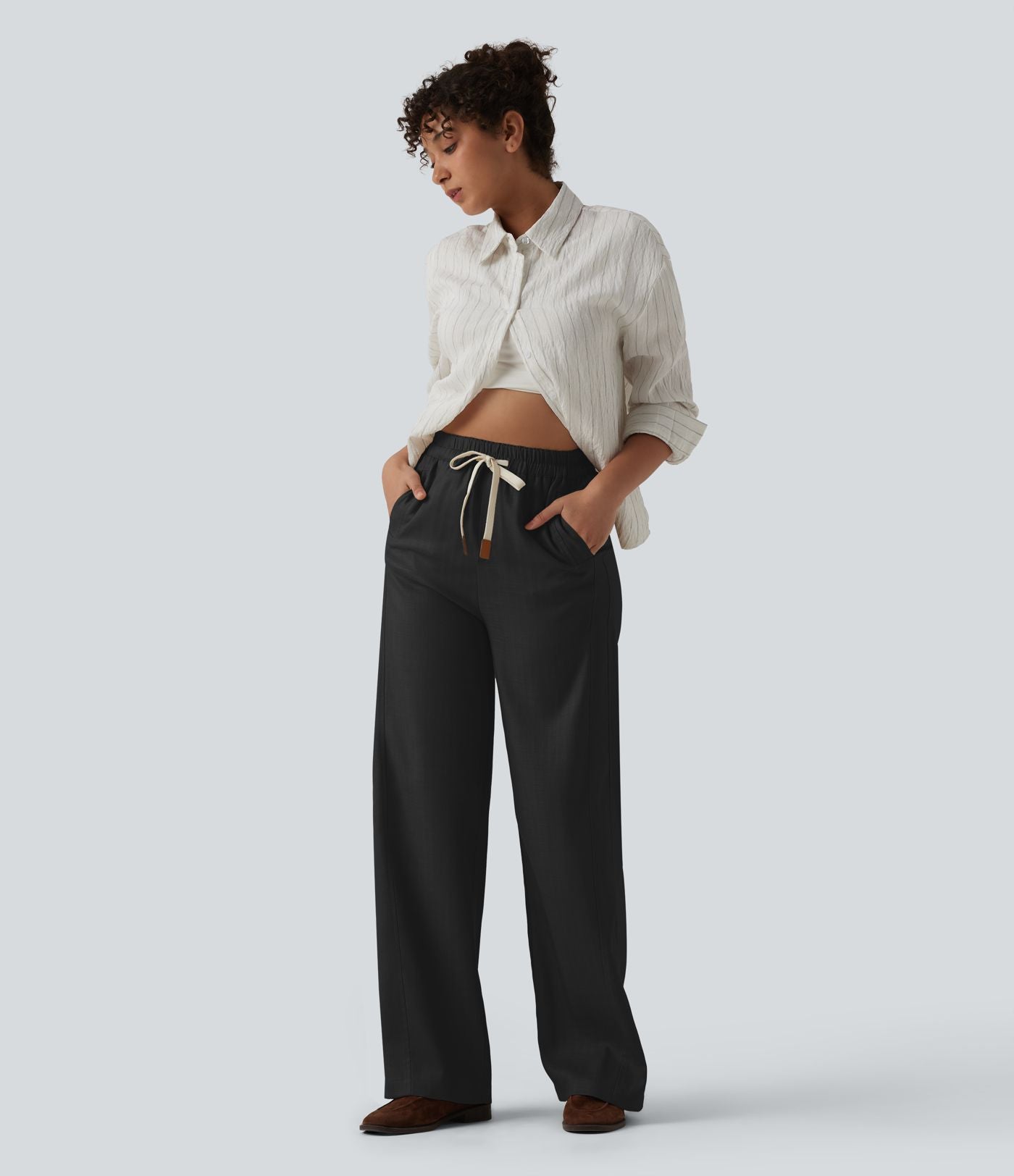 Pantalon large fluide décontracté en lin mélangé taille haute avec cordon de serrage et poches