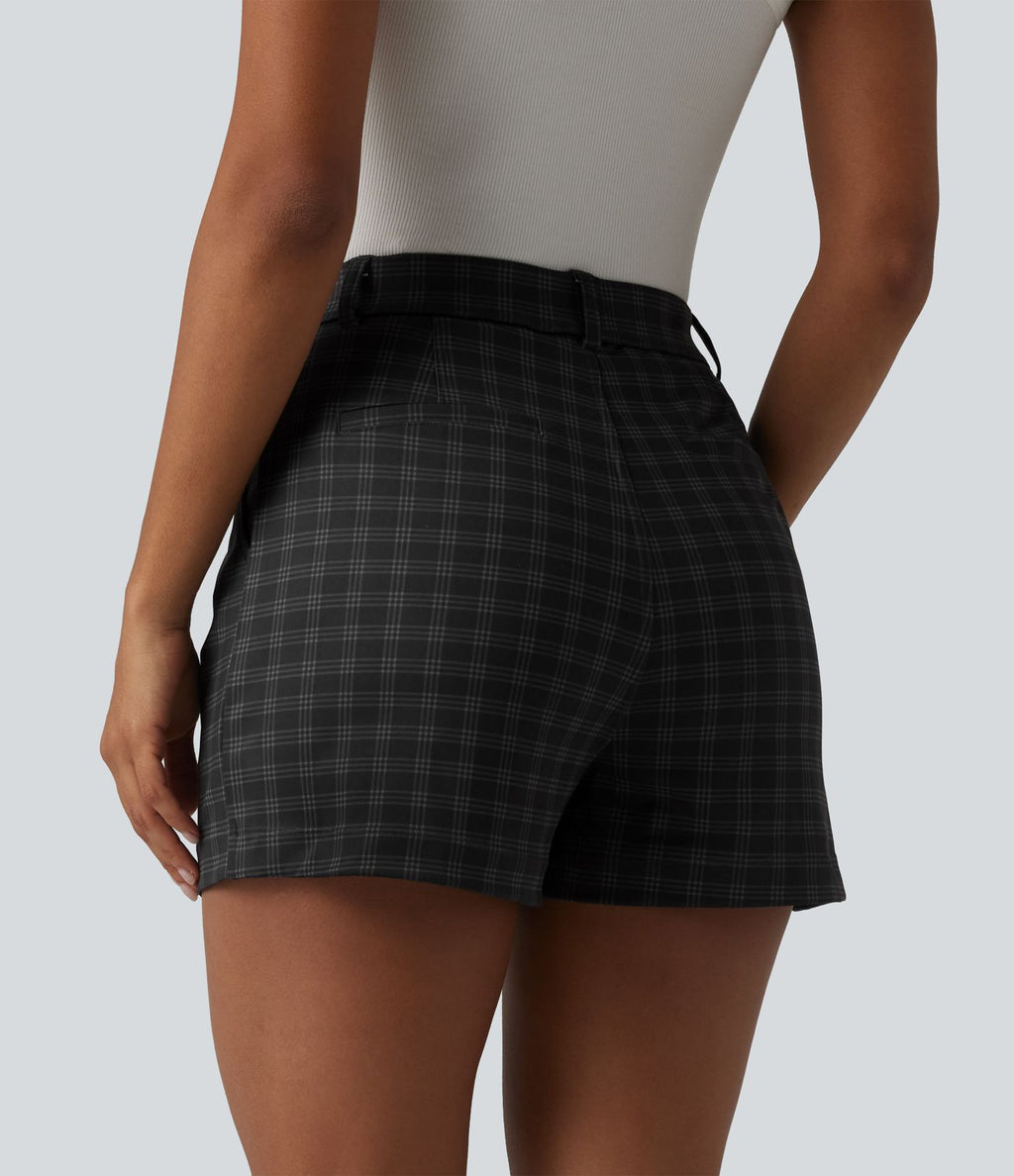 Short tailleur droit à carreaux taille haute avec poches