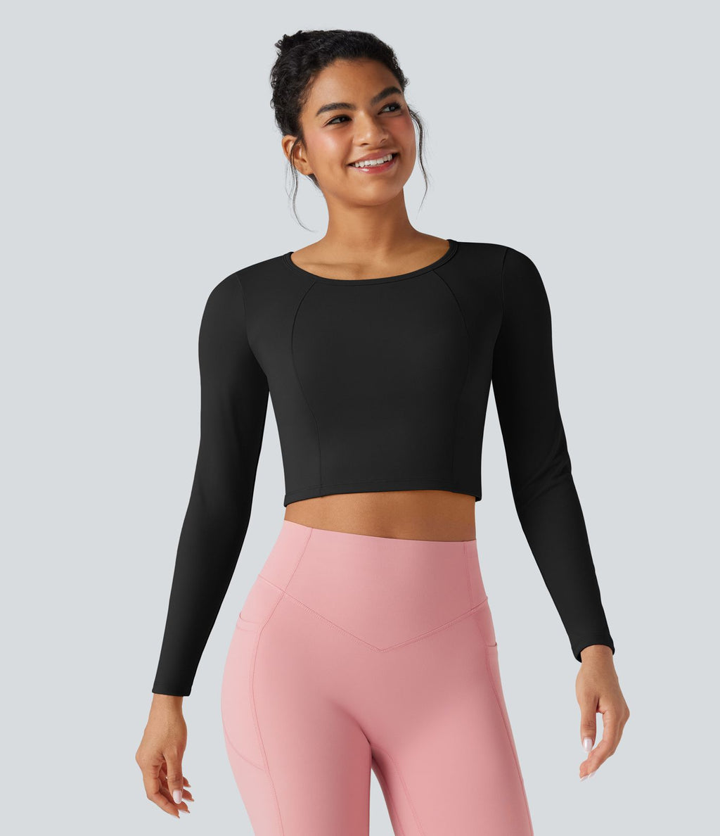 Top de sport yoga court col échancré manches longues à découpes