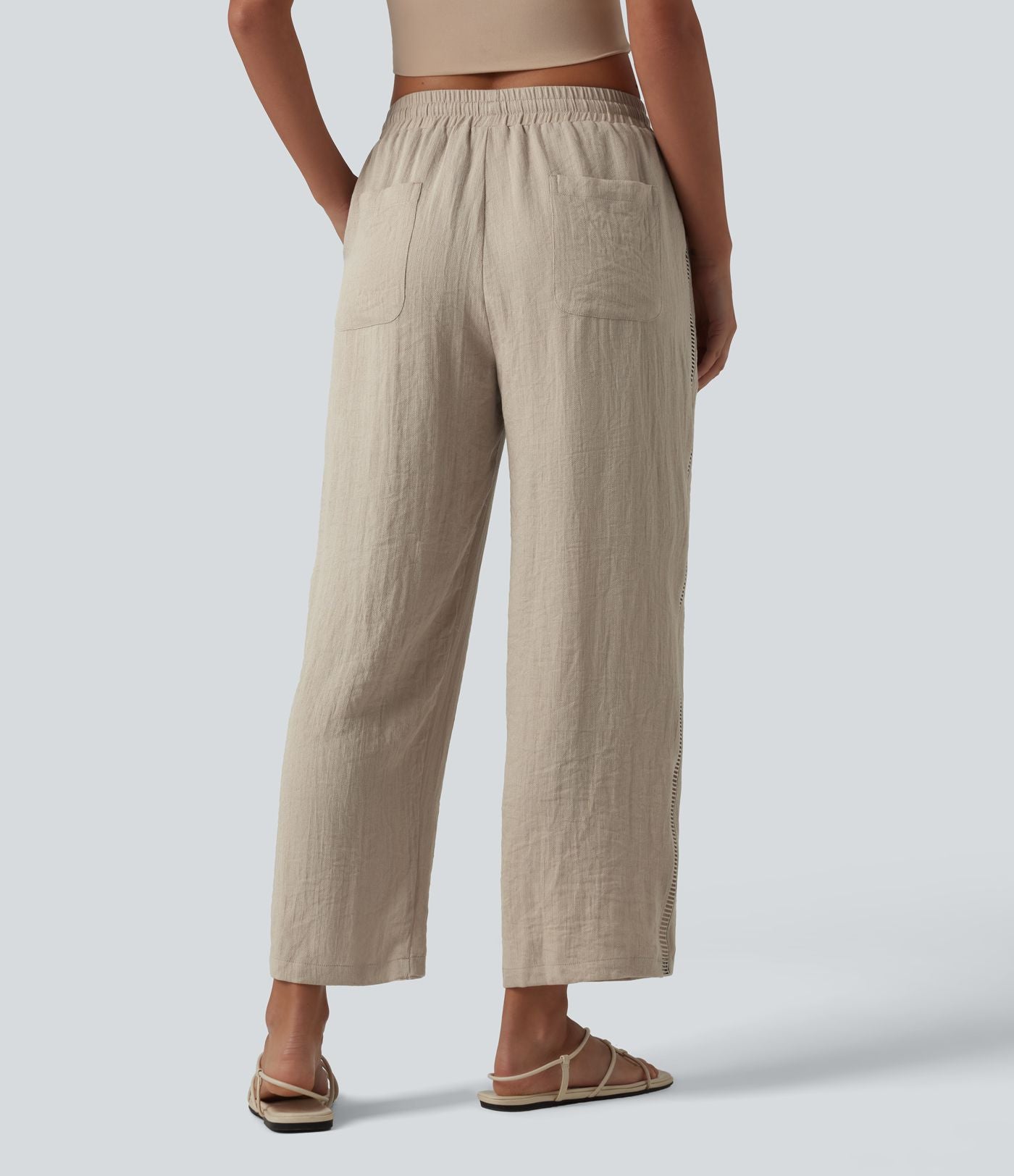Pantalon droit taille mi-haute aspect lin avec cordon de serrage et poches
