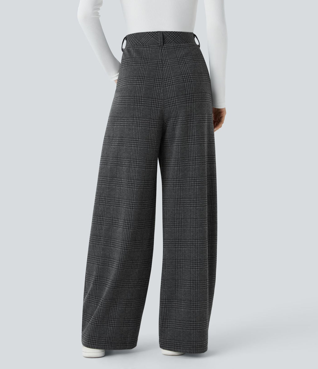 Pantalon taille haute décontracté large à carreaux, avec poches