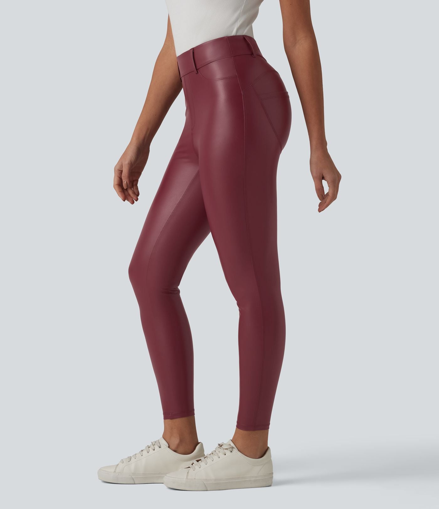 Legging 7/8 casual taille haute extensible en simili cuir avec poches