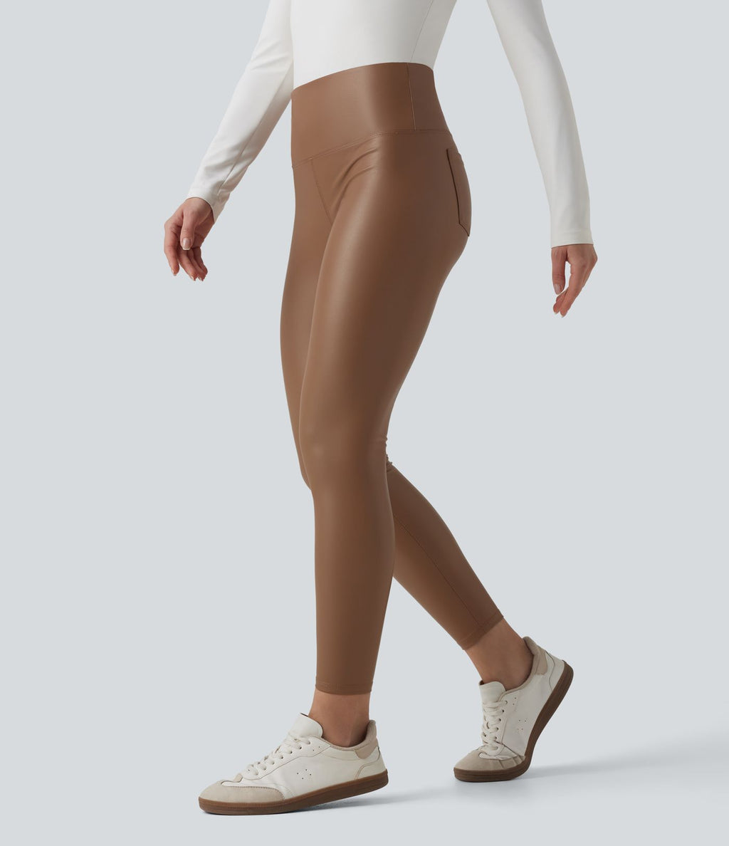 Pantalon 7/8 moulant décontracté polaire gainant taille haute extensible effet cuir avec poches