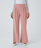 Halara Flex™ Pantalon Tailleur en Tissu Gaufré Taille Haute avec Large Ceinture Plis Poches Latérales Jambes Larges