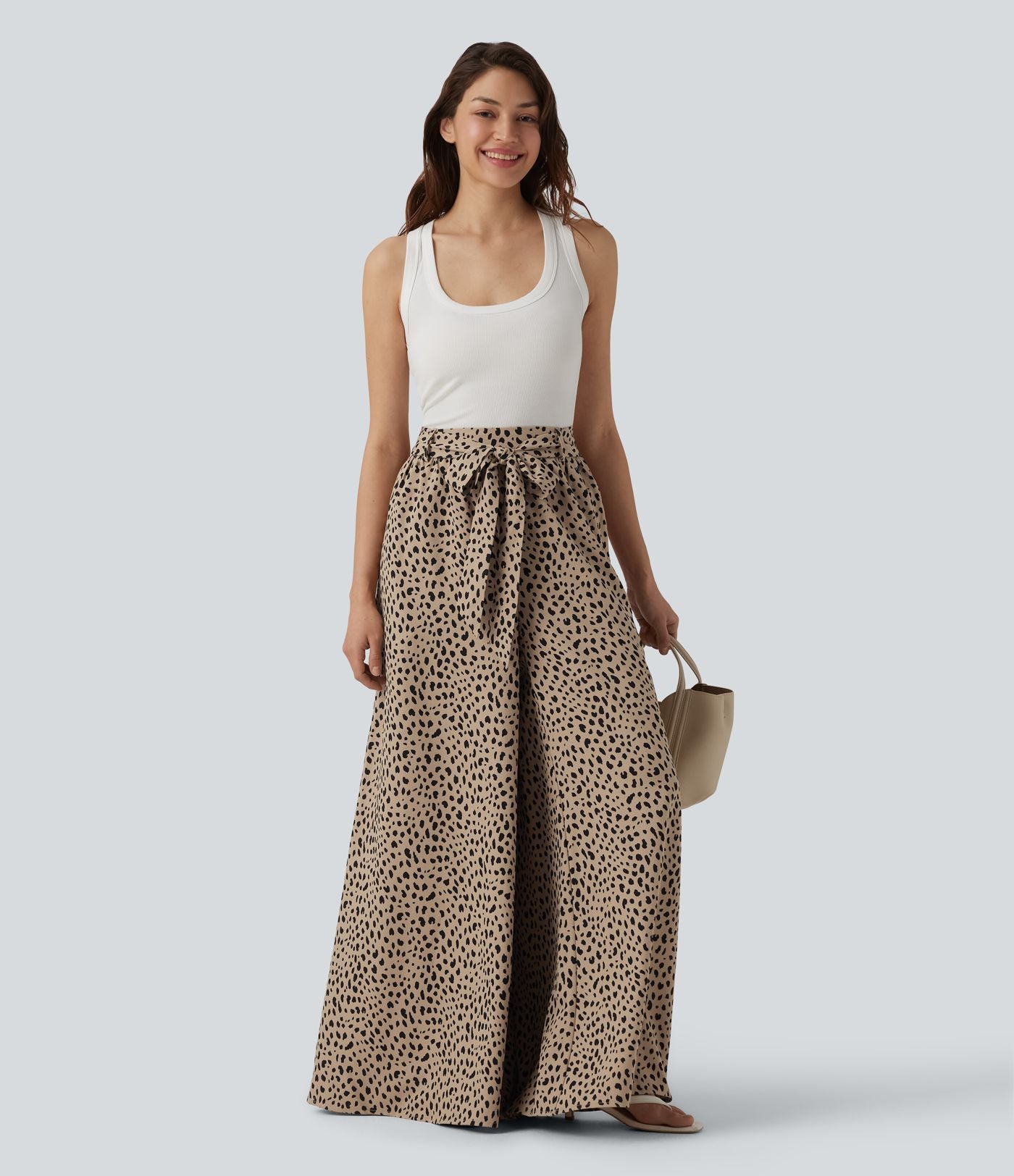 Pantalon casual large imprimé léopard taille haute avec nœud devant et poches