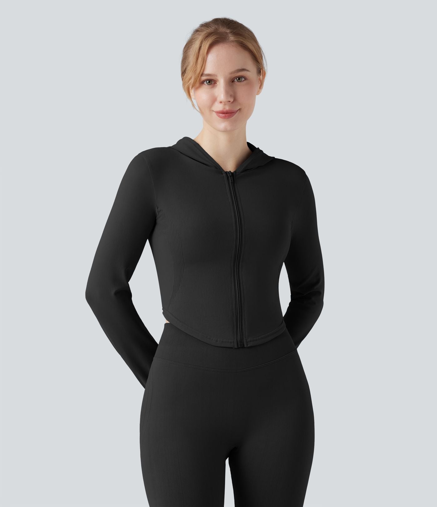 Veste yoga à capuche zippée à manches longues avec passants pouces et ourlet arrondi sans couture OneForm Seamless Flow