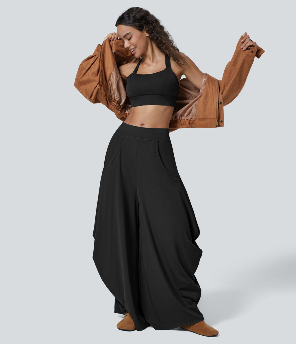 Pantalon décontracté drapé à poches multiples et taille moyenne, jambe large