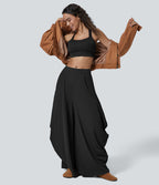 Pantalon décontracté drapé à poches multiples et taille moyenne, jambe large