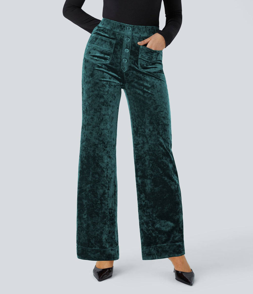 Pantalon Casual en Velours Taille Haute avec Bouton Multipoches Droites