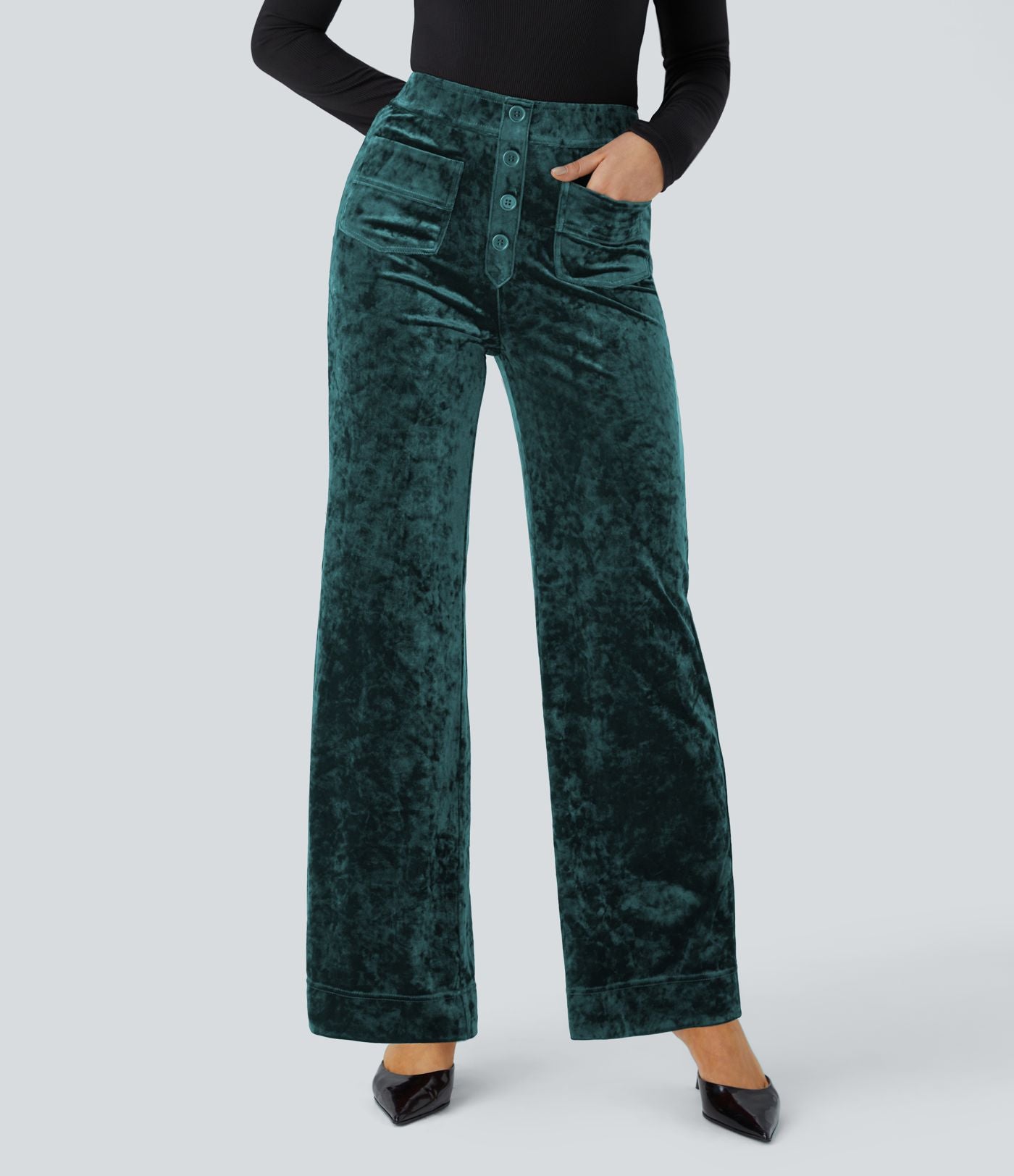 Pantalon Casual en Velours Taille Haute avec Bouton Multipoches Droites