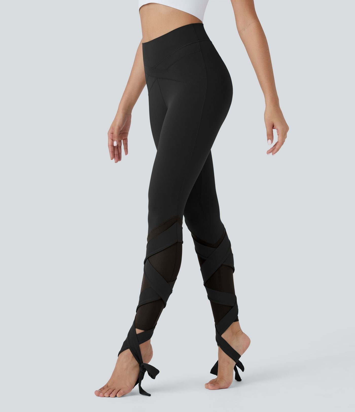 Softlyzero™ Legging Taille Haute Empiècement en Maille Contrastante Lacets Croisés Longueur 7/8