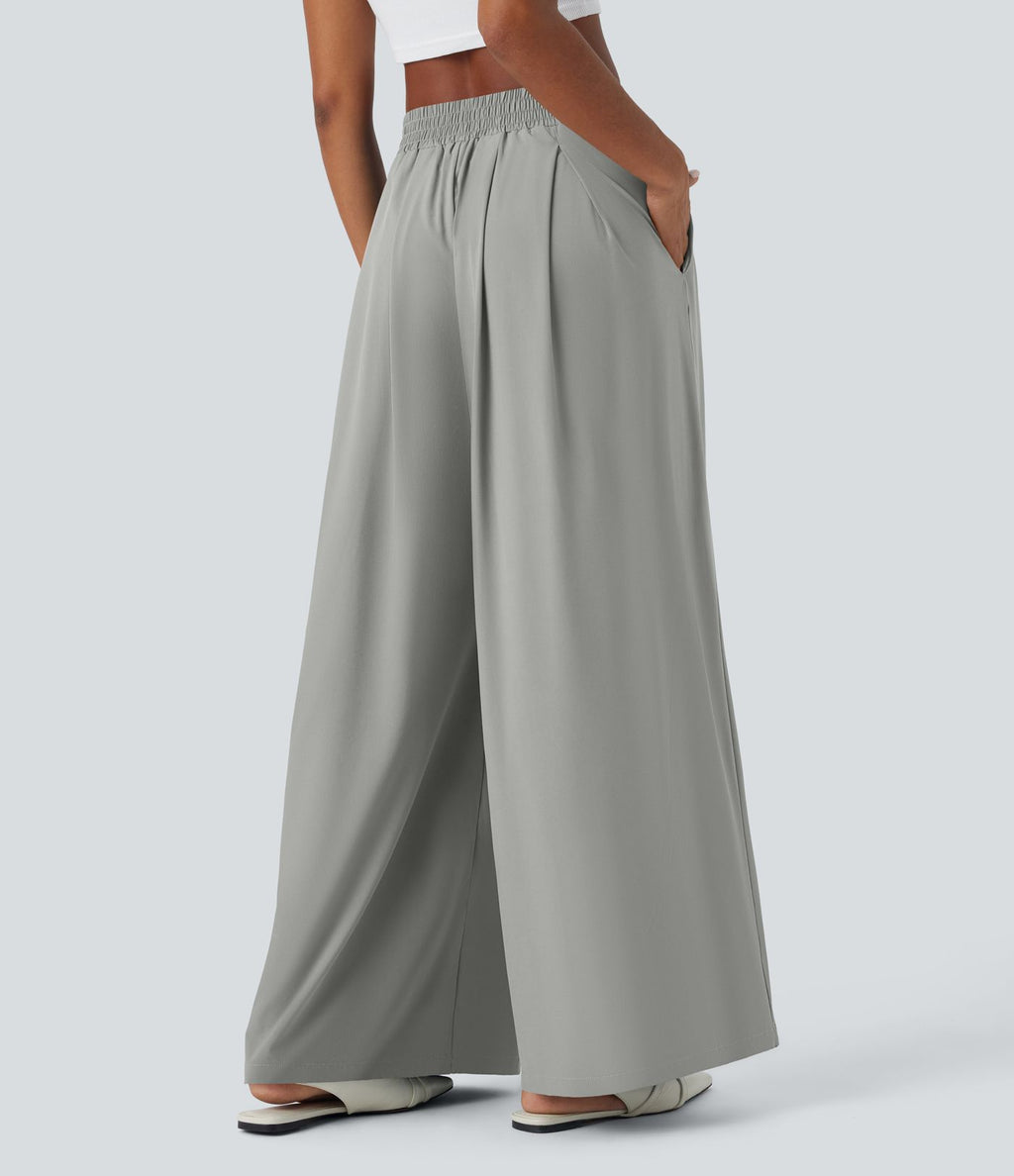 Breezeful™ Pantalon Large Fluide Taille Haute Plis Poches Latérales et Taille Élastique Séchage Rapide