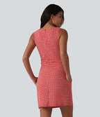 Robe mini casual sans manches col bateau à carreaux vichy, avec poches