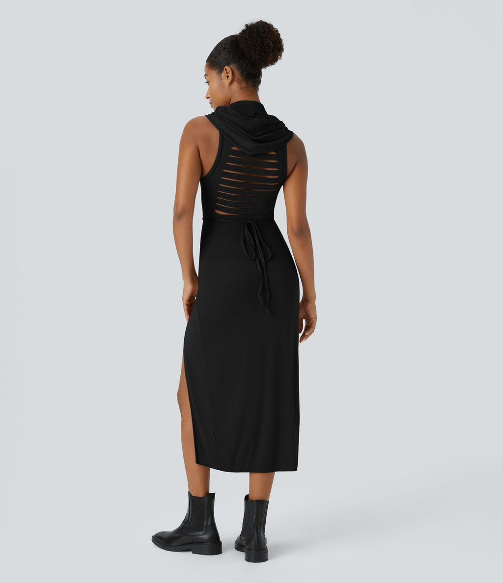 Robe Casual Midi 2 Pièces Capuche Col Montant Sans Manches Fendue avec Découpe Dos Nœud Côtelée