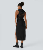 Robe Casual Midi 2 Pièces Capuche Col Montant Sans Manches Fendue avec Découpe Dos Nœud Côtelée