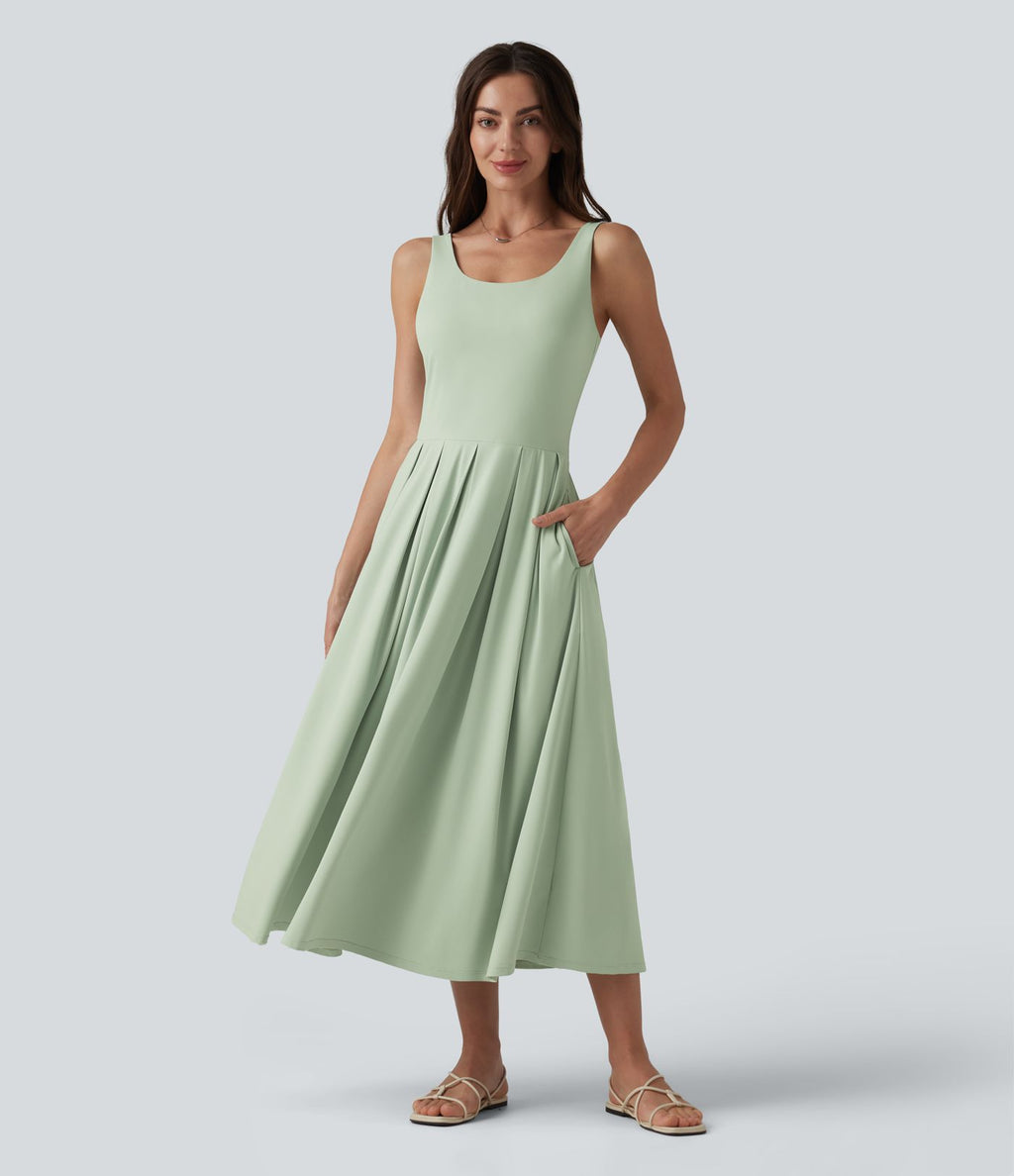 Robe midi fluide à bretelles col U avec brassière intégrée et poches