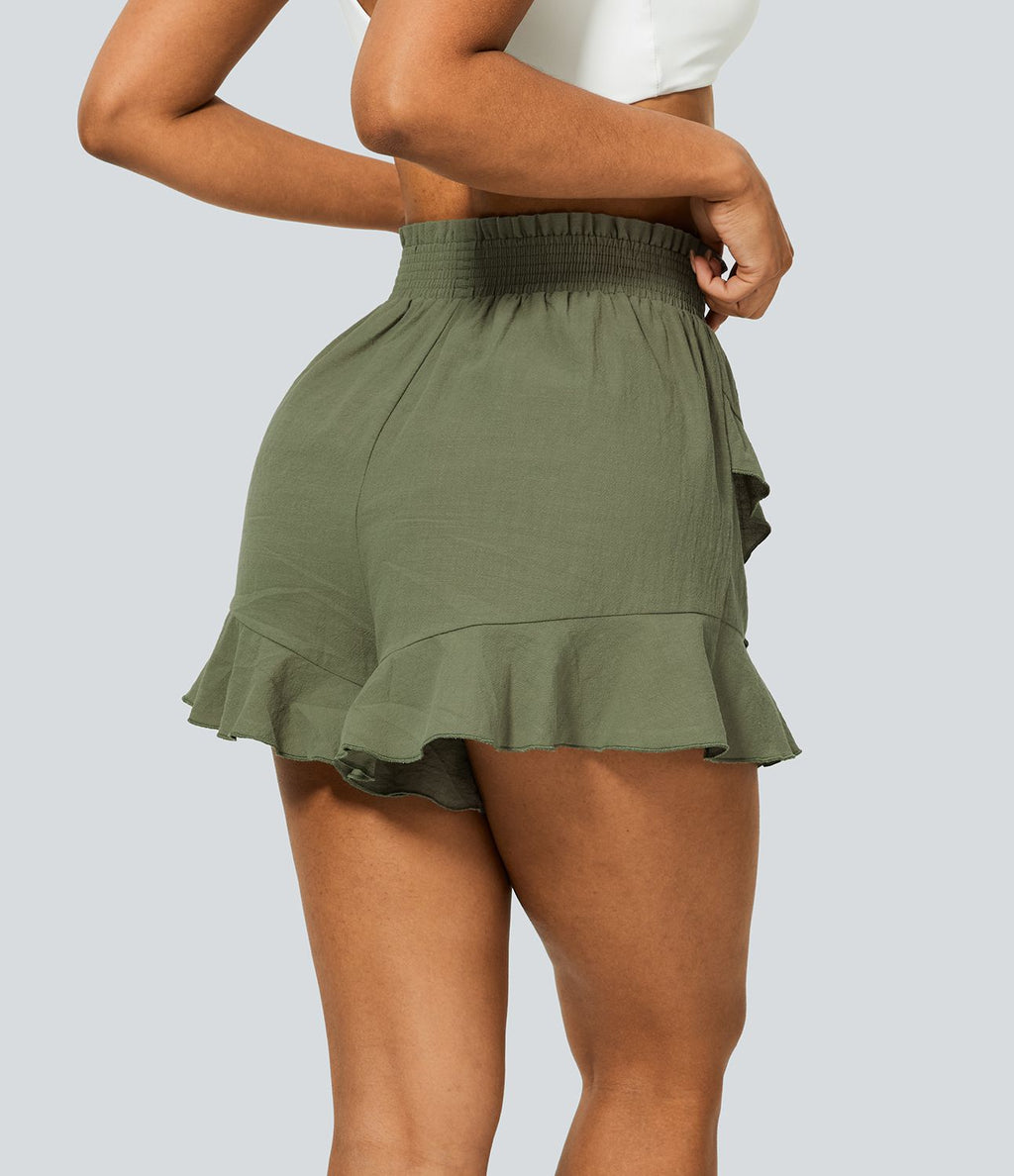 Short Évasés Casual à Taille Haute avec Volants Frisés et Effet Lin