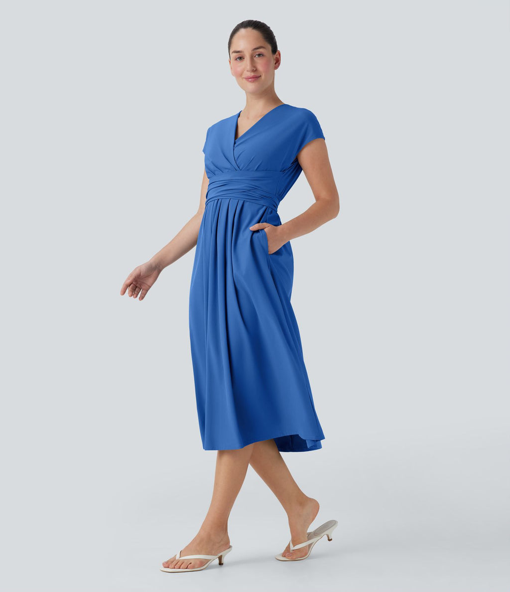 Robe midi Breezeful™ col V manches courtes à liens dans le dos séchage rapide avec poches latérales