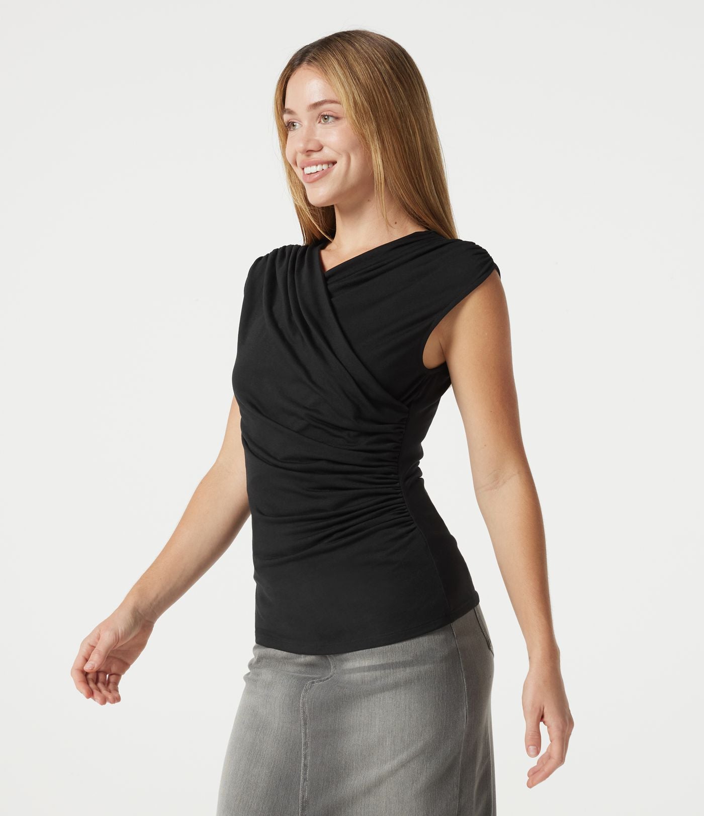 T-shirt casual sans manches à col V froncé