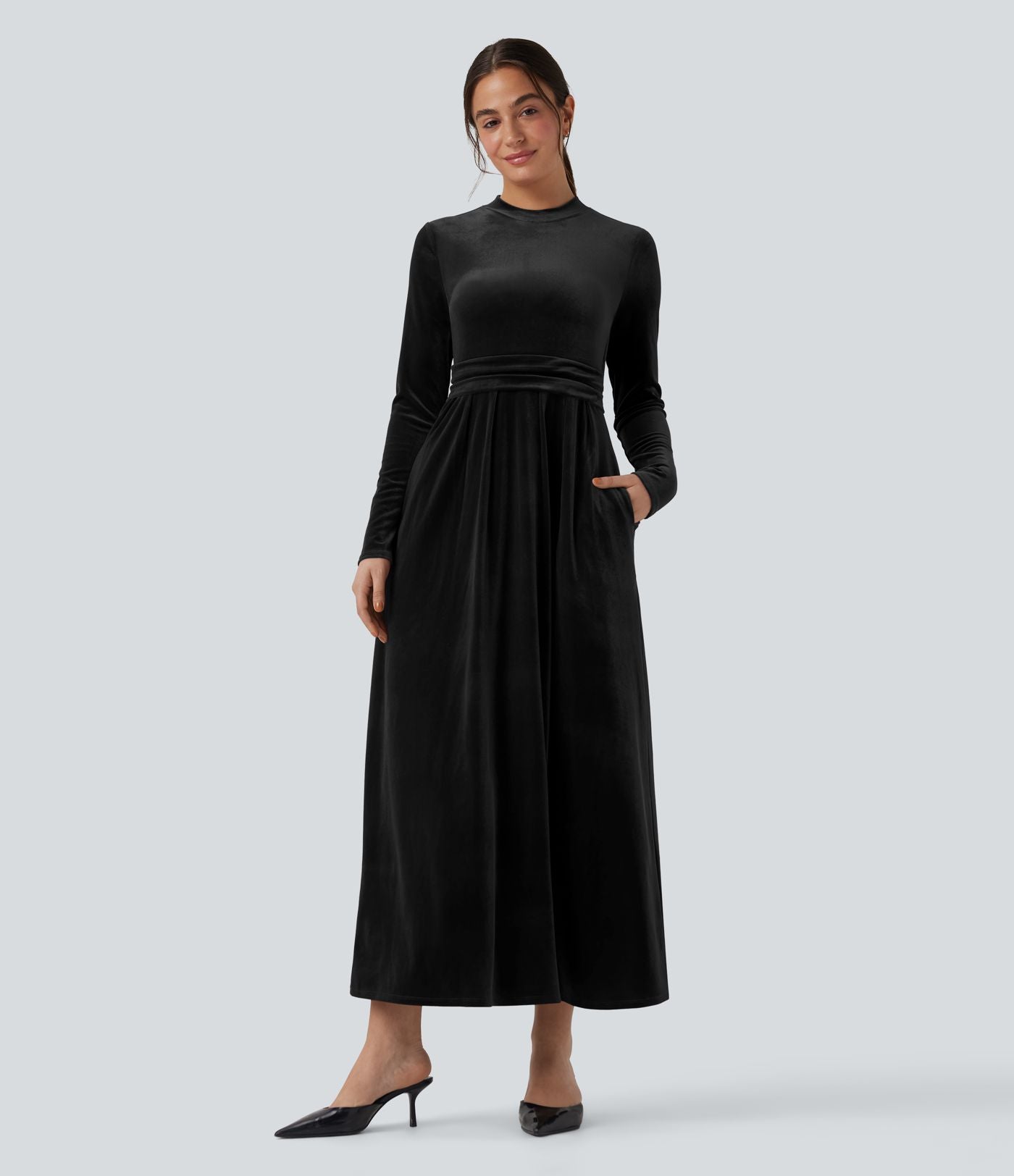 Robe longue en velours col montant manches longues avec poches