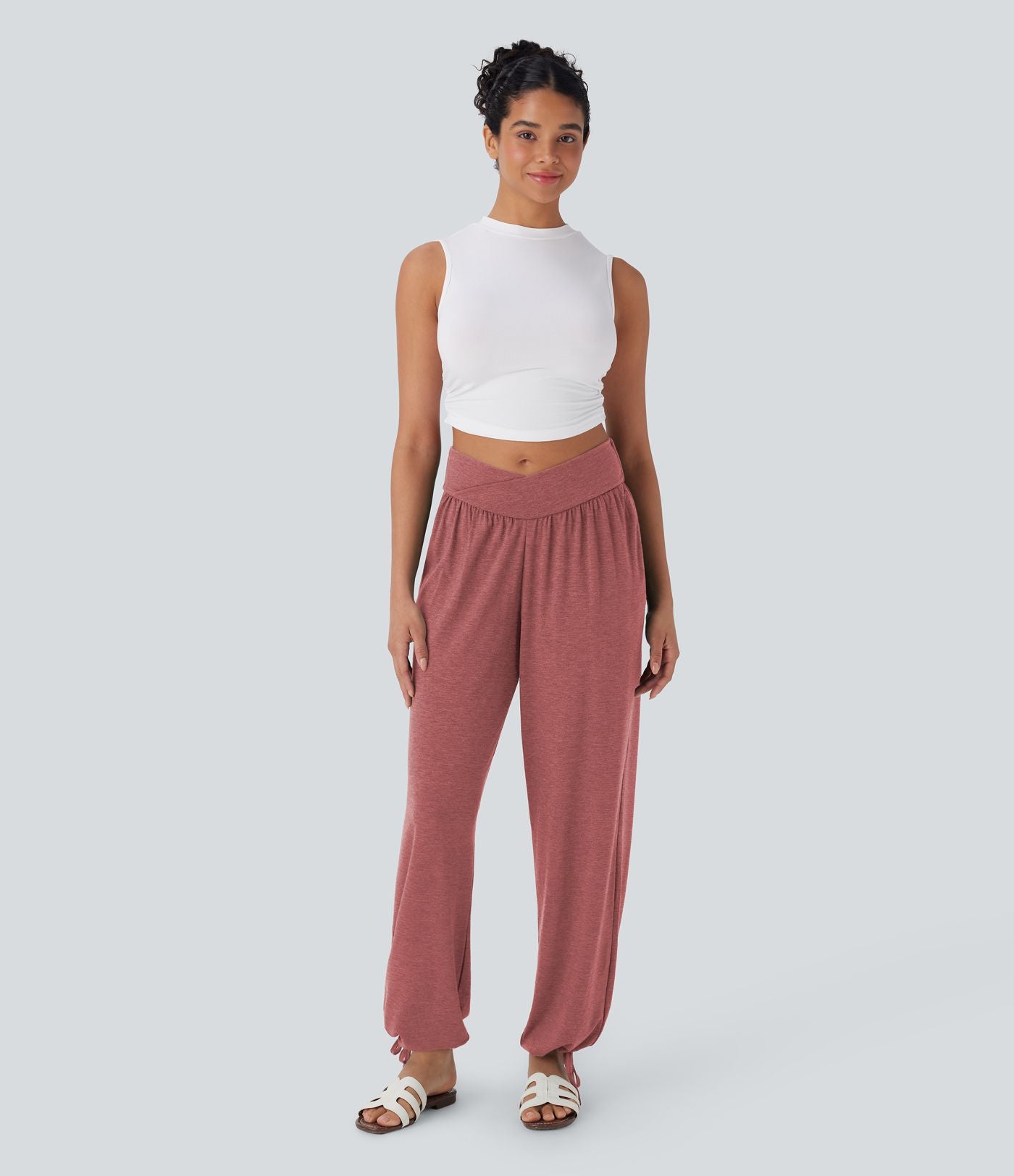 Pantalon de jogging décontracté à taille haute croisée avec poches latérales et cordon de serrage