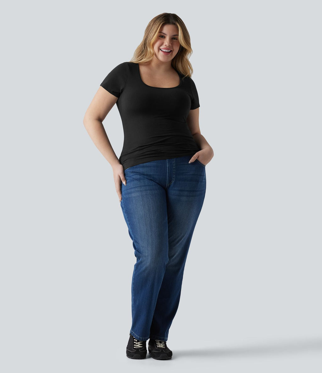 T-shirt Halara grande taille décontracté en jersey de coton coupe ultra-ajustée effet chiné, col carré, manches courtes