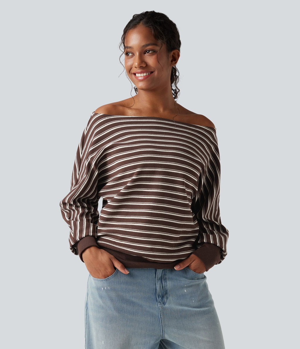 Sweat-shirt rayé épaules dénudées manches longues coupe décontractée