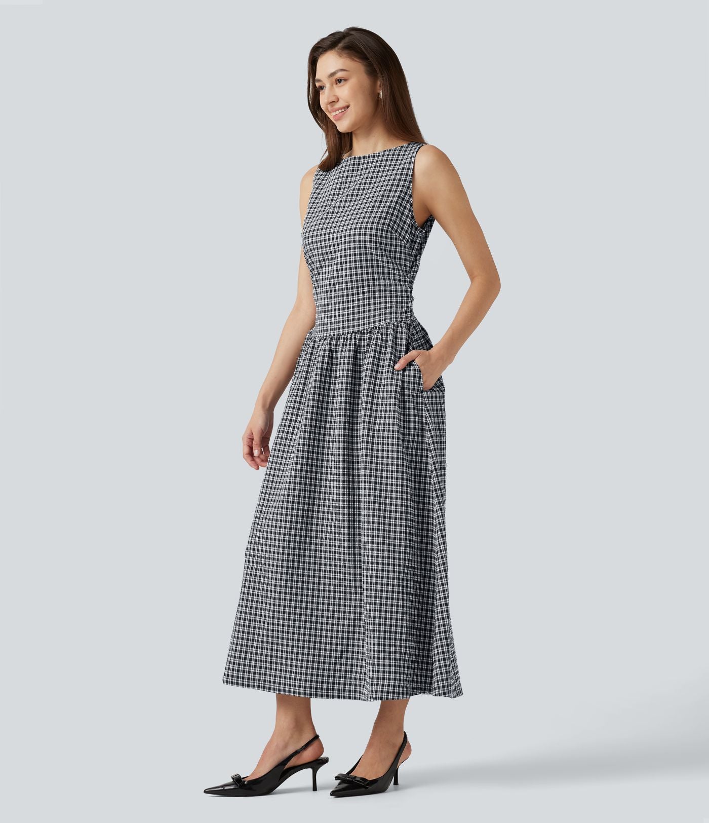 Robe midi décontractée à carreaux vichy, col bateau, sans manches, avec poches