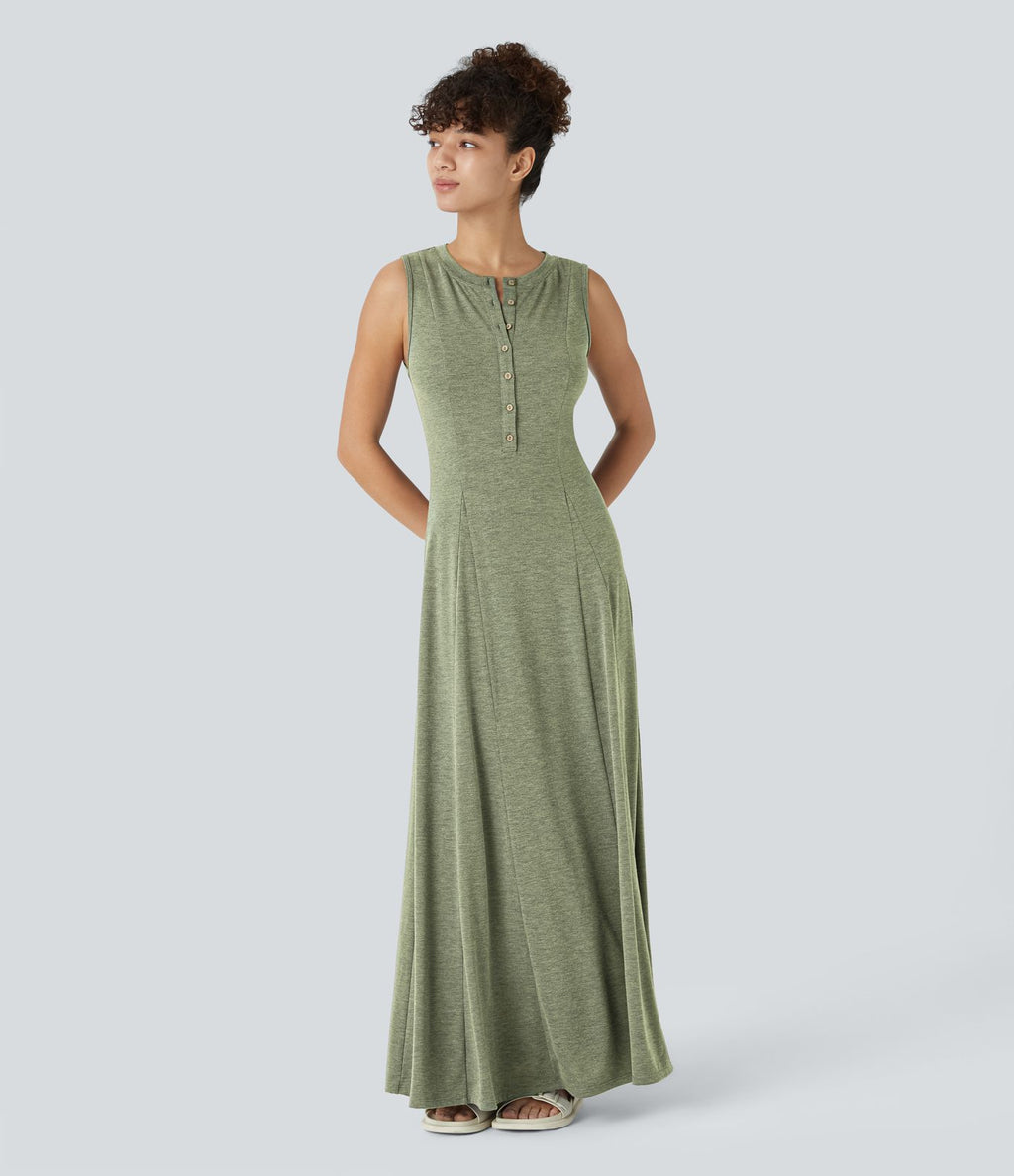 Robe Casual Maxi Col Rond Sans Manches Boutonnés