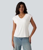 T-shirt décontracté à col V, manches courtes et soutien-gorge intégré bonnets B-DD