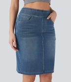 Halara Flex™ Jupe en Jean décontractée stretch délavé à taille haute, multiples poches et fente latérale