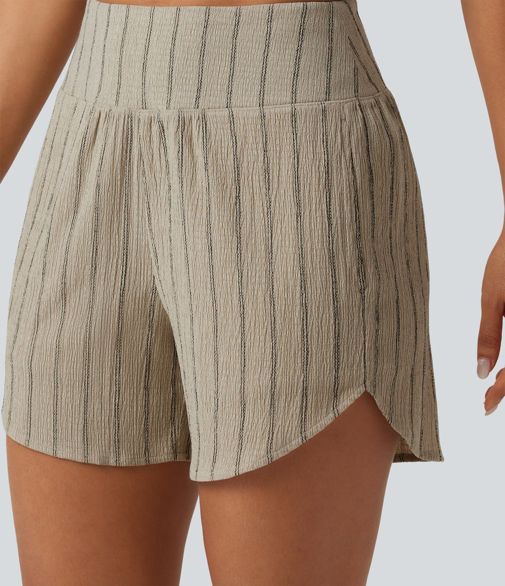 Short casual taille haute ourlet arrondi rayures avec poches